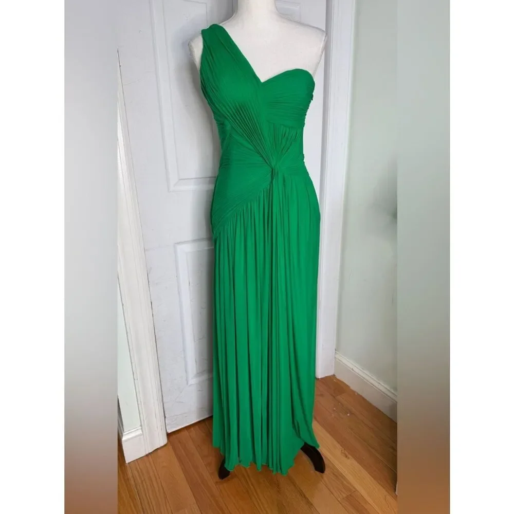 apple green cocktail dress Green Metallic Pleated Gown With 3D Flower